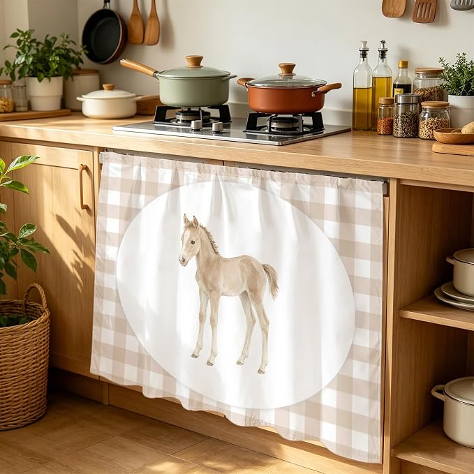 Graceful Pony Cabinet Dishwasher Hidden Curtains, Privacy Closet Door Curtain, Natural Horse Modern Farmhouse Plaid Rustic Adhesive Dust Proof Under Sink Skirt for Bathroom Kitchen 35"x35"