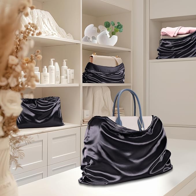 RUDONG M Satin Dust Bags for Handbag, Black, 4 Pack | Silky Dust Cover, Drawstring, For Storage & Travel, For Purse Clothes Shoes