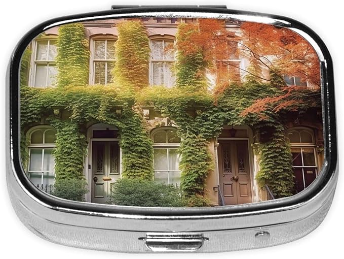 Square Pill Box Leafy Townhouses Pill Case for Purse & Pocket 3 Compartment Pill Organizer Portable Travel Pillbox Medicine Pill Holder Container for Daily Vitamin Cod Liver Oil Storage