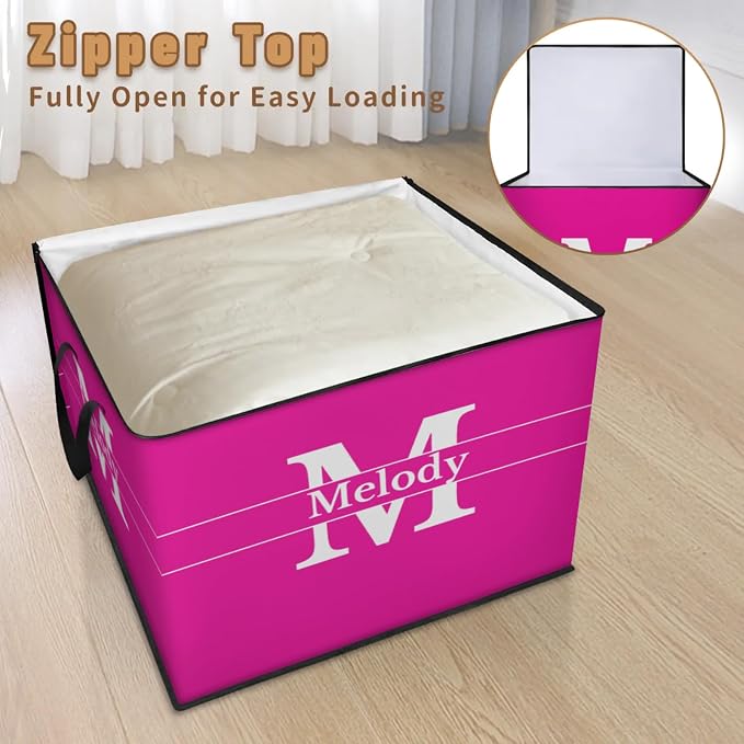 Personalized Storage Bins with Lid, Customized Name Jumbo Storage Basket Rectangle Clothes Organizer for Organizing Kids and Pets Toys Shelf Closet, Hot Pink with Initial Letter