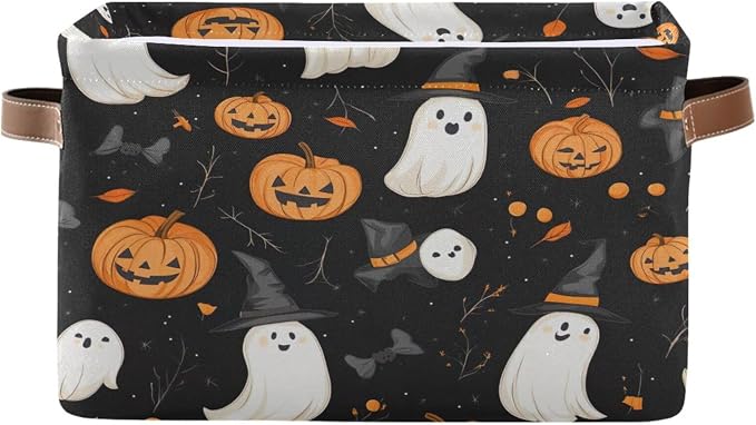 Kigai Storage Basket, Fabric Collapsible Closet Organizer Bin | Halloween Boo Pumpkins Waterproof Foldable Canvas Basket with Handles for Shelves, Nursery, Closet, Bedroom & Bathroom