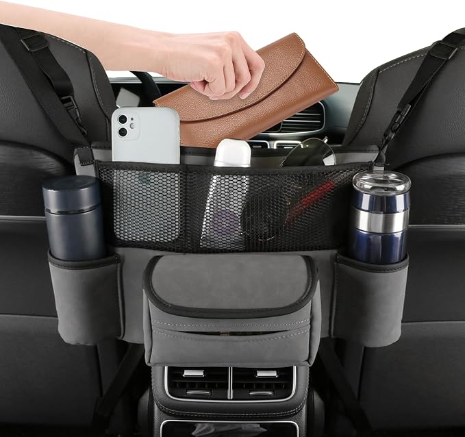 Leather Car Seat Organizer for Handbag/Purse – Fits Between Front Seats, Holds Wallet, Phone & Essentials. (Modle A/Grey)