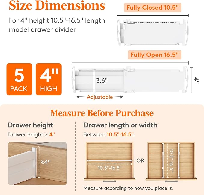 Lifewit 5 Pack 4" High Drawer Dividers, Adjustable Drawer Organizer Clothes | 10.5"-16.5" Expandable White Plastic Separators for Dresser, Kitchen, Cabinet, Nursery, Office, Socks & Underwear Storage