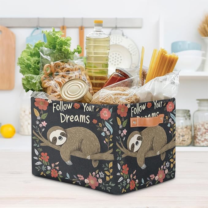 SEULIFE Quote Animal Sloth Flower Tree Foldable Storage Basket, Large Collapsible Organizer Storage Bin Cube Toys Storage Boxes with Handles for Bathroom Kids Nursery Closet Storage, 1 Pack