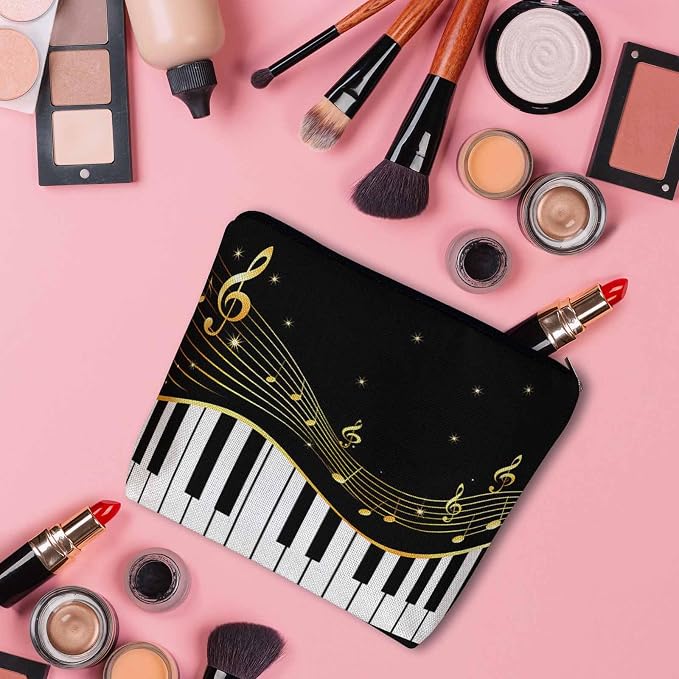 Women Makeup Organizer Bag Piano Music Notes Instrument Piano Flax Cosmetic Bag Makeup Bags Toiletry Bag Accessories Organizer Travel Bags For Home Bathroom Office Hotel Gym Black Golden