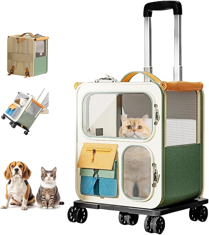 Cat Carrier with Wheels, Folding Rolling Pets Carrier on Wheel Soft Pet Handbag Cats Backpack, Dog Carriers up to 23 LBs Removable Cat Bag for Small Dogs Medium Cats Outing(NOT for TSA)
