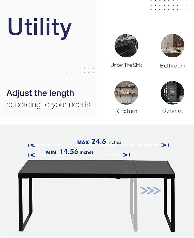 Nxconsu Expandable Cabinet Shelf, Shelf Riser for Cabinets, 8.26" Black | Edgeless Metal Cabinet Riser Holds 50 lb and Expands 14.6 to 24.6 in for Under Sink Kitchen Pantry Cupboard Shelf