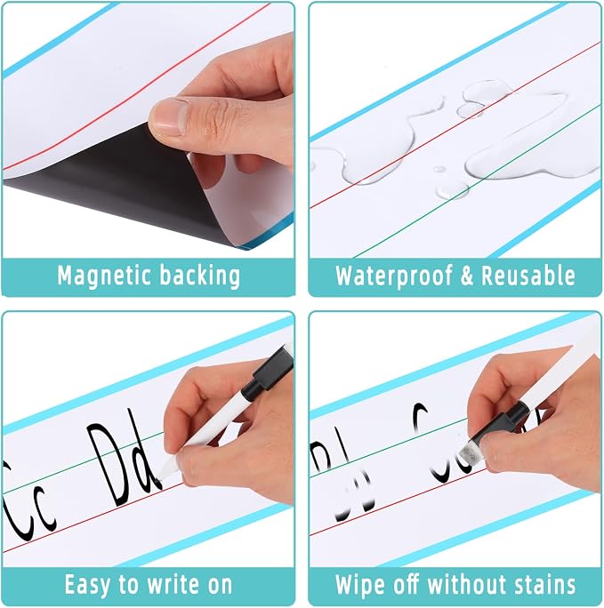 4 Sheet 23.6×5.9inch Dry Erase Magnetic Sentence Strips for Classroom Whiteboard & Fridge Handwriting Lined Paper for Home Teacher Must Haves Word Alphabet Practice Tool