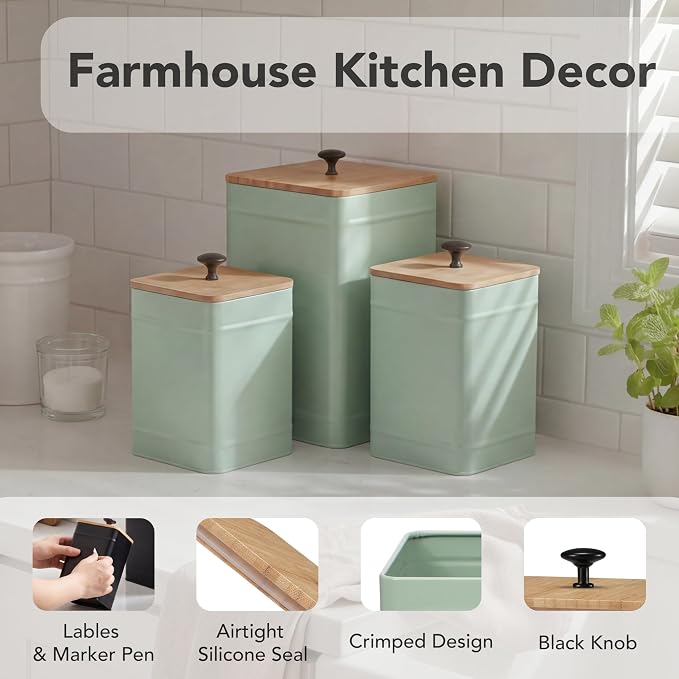 PERFNIQUE Kitchen Canisters for Countertop Set of 3, Airtight Canisters Sets for Kitchen Counter with Lid, Metal Farmhouse Food Storage Containers Jars for Flour Sugar Coffee Tea Spice (Sage Green)