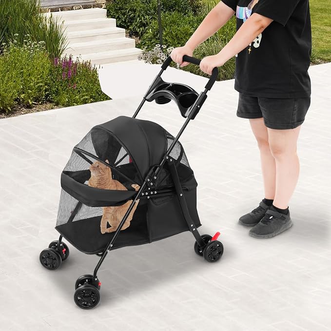 Foldable Pet Stroller with Mesh Windows, 40lbs Capacity Pet Carrier Cart with Locking Wheels, Breathable Cat & Dog Stroller for Small Animals, Foldable Pet Travel Cart for Outdoor (Black)