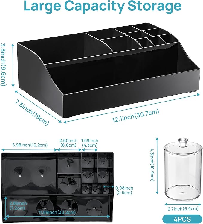 Vtopmart 5 PCS Bathroom Countertop Organizer Sets, Black | 1 Divided Tray with 4 Qtip Holder Jars, For Toothbrush, Cotton Pads Balls, Floss, For Bathroom Countertop