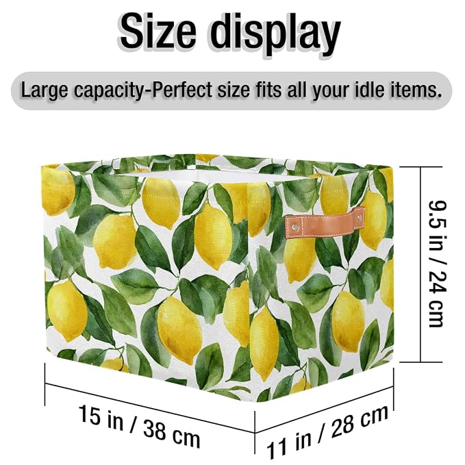SEULIFE Watercolor Lemon Tree Leaves Foldable Storage Basket, Large Collapsible Organizer Storage Bin Cube Toys Storage Boxes with Handles for Bathroom Kids Nursery Closet Storage, 2 Pack