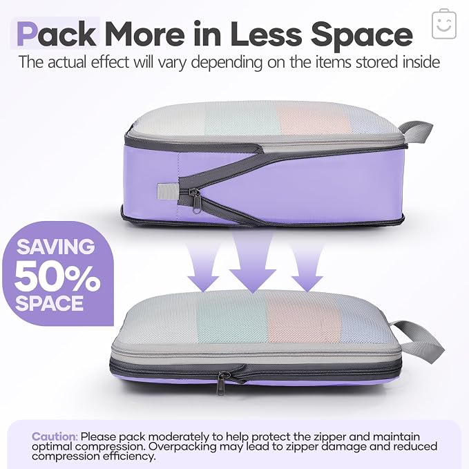 Veken 11 Set Compression Packing Cubes Garment Bags for Travel Essentials,Compressible Expandable Luggage Organizer Bags for Clothing,Space Saver Bags with Over 1000 pcs of Mesh Holes(Light Purple)