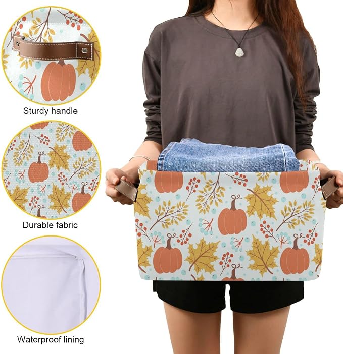 Fall Pumpkin Storage Basket Fabric Storage Bin Laundry Baskets Autumn Maple Leaves Foldable Storage Boxes Organizer Bag for Baby Cloth Dog Toy Book Storage Cubes Shelf Closet Basket 16×12×8 Inches