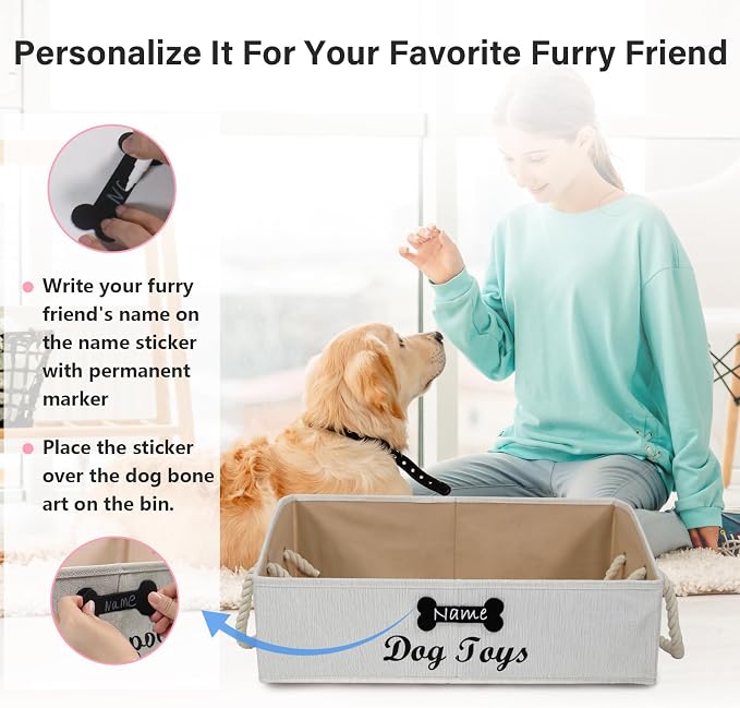 Large Dog Toys Storage Bins-Foldable Fabric Trapezoid Organizer Boxes with Cotton Handle,Can be Personalized,Collapsible Basket(Beige-Dog)
