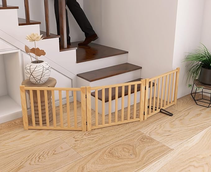 YOCAN Non-Painted Wooden Freestanding Dog Gates - 3 Panels L:69" H:16.9" | Pet Gate for The House,Doorways, Stairs,Wood Dog Fences Indoor Pet Gate,Step Over Fence