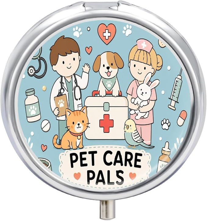 Friendly Pet Care Pals Poster Round Pill Box with 3 Compartments, Portable Travel Pill Organizer with Spring Snap Closure for Vitamins Supplements Fish Oil