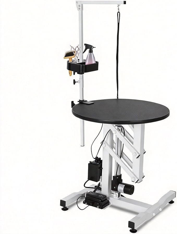 Professional 24 Inch Electric Dog Grooming Table - 360° Rotating Non-Slip Tabletop with Adjustable Overhead Arm & Foot Remote, 250lbs Weight Capacity, Integrated Tool Organizer for Salon & Home Use