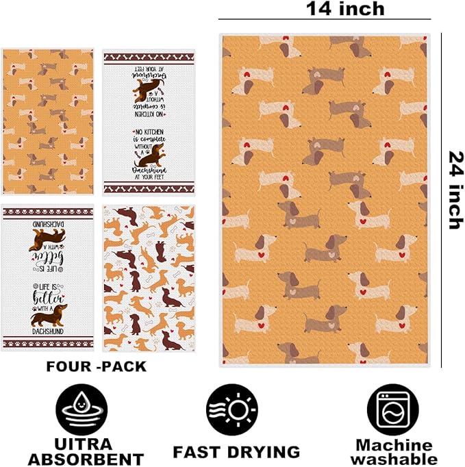 4 Pcs Funny Dachshund Kitchen Towels 24x14 Inch, Dachshund Gifts Reusable Dish Towels for Kitchen Bathroom Decor, Waffle Weave Hand Cloth Tea Towel, Cute Weiner Dog Gifts for Women Mom Friend