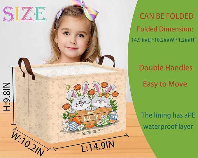 Large Rectangular Easter Baskets Empty Waterproof Boy Toy Box Foldable Kid's Gifts Storage Bin Spring Room Decor(Boy Girl Cute Rabbit)