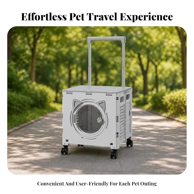 Outdoor Travel Cart Foldable Pet Trolley Carrier Crate with Telescopic Pull Handle Casters and Box Body Design with Ventilated Panels and Viewing, Array, Advanced Gray