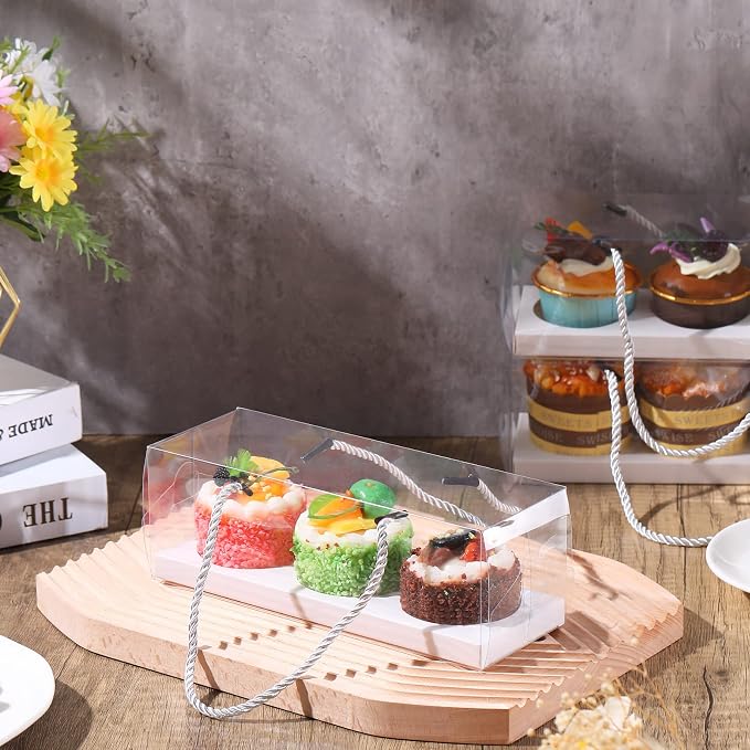 Thenshop 40 Pcs Clear Cupcake Boxes 9x3x3 in 3 Compartment Holder,White | Transparent Holders with Handles, Individual Pastry Display for Wedding Graduation Party Favors Cookies Treats Gifts