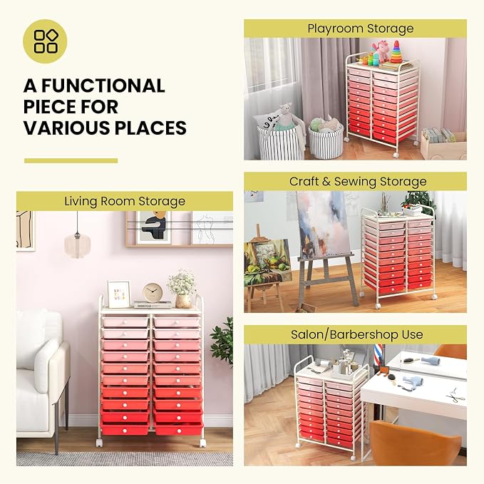 20 Drawer Rolling Storage Cart, Art Cart Organizer with Wheels for Makeup, Tool, Paper, Multipurpose Craft Storage Cart with Drawers for Office, Home, Classroom, School (Gradient Pink)