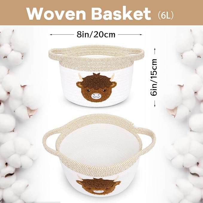 Highland Cow Gift Basket - Small Woven Cotton Rope Organizer Basket for Nursery, Pet Toys & Baby Shower, Foldable Decorative Bin with Handles (7.8x6in)