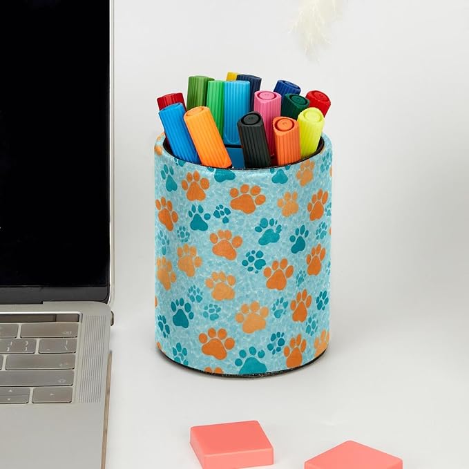 Faux Leather Pen Holder for Desk, Pencil Organizer Pet Paws Pen Cup Desk Decor Makeup Brush Holder Storage for Office Home