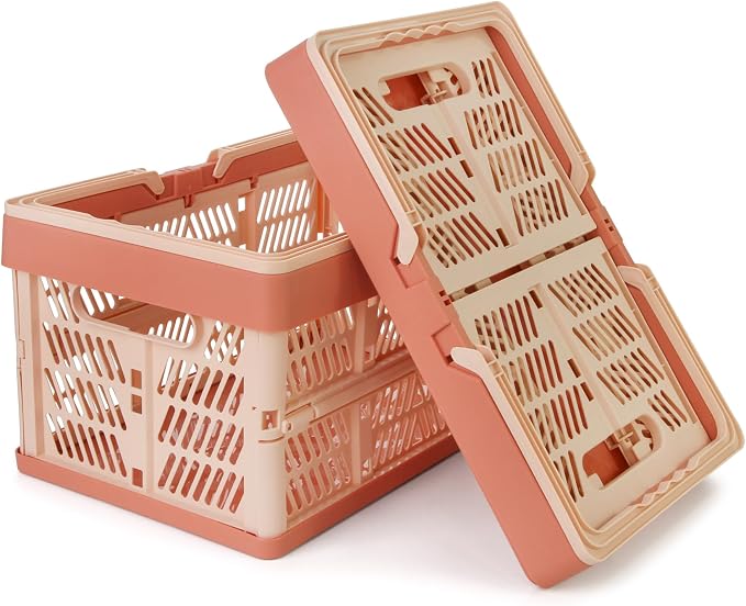 Domiella 2-Pack Foldable Storage Baskets, 20L Collapsible Crates PP Pink | Comfortable carry handles, space-saving design, sturdy PP construction for home storage shopping camping and picnics