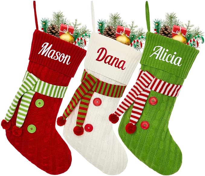Personalized Christmas Stockings, Custom Name Knit Scarf Christmas Stockings for Kids, 18" Large Xmas Stockings Hanging Ornament for Holiday Fireplace Decoration (2 Pcs)