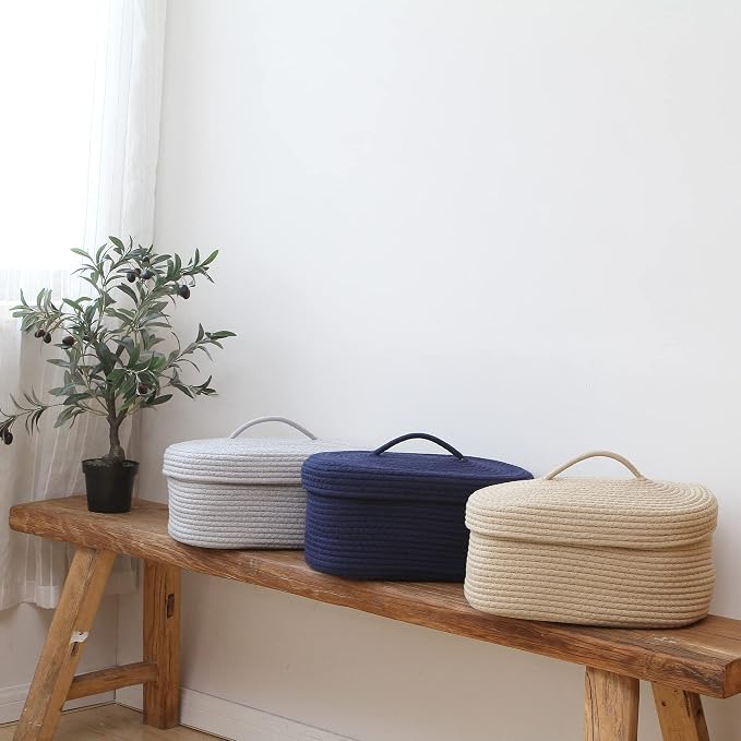 Sea Team Oval Storage Basket, Woven Cotton Rope Basket with Lid, Navy | Decorative Knitted Storage Bin, Multi-Purpose Lidded Organizer for Closet Shelves, Nursery and Household Storage