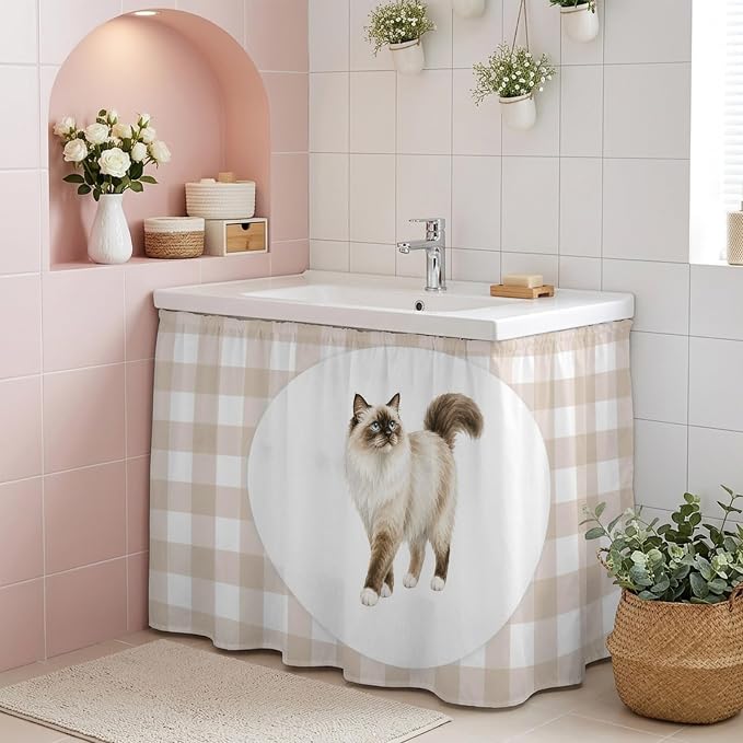 Ragdoll Cat Cabinet Curtain 35"Wx35"L, Dustproof Under Sink Skirt with Self Adhesive Tape, Modern Linen Plaid Farmhouse Pet Cats Cabinet Curtain Cover for Kitchen Sink, Bathroom Vanity, Laundry Room