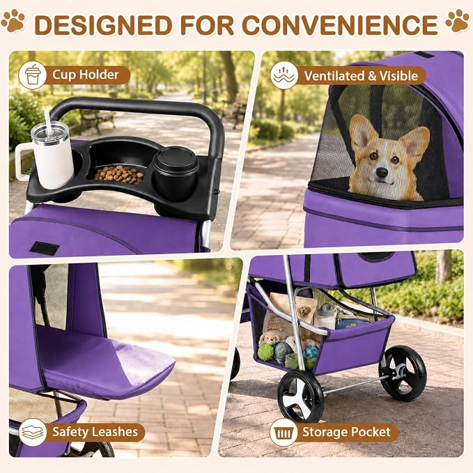 Pet Stroller 4 Wheels Dog Cat Stroller for Small Medium Dog Cats Carrier Jogger Travel Foldable Puppy with Storage Basket and Cup Holder (Purple)