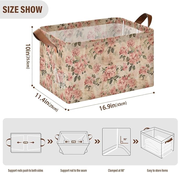 Rustic Vintage Pink Floral Retro Storage Bins for Shelves with Labels&Handles Fabric Organizer Bin Foldable Rectangle Storage Basket Boxes for Closet, Bathroom, Home, Living Room