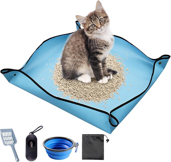 BNOSDM Travel Litter Box for Cats Foldable Litter Boxes Kit Portable Litterbox with Scoop Bowl Waterproof & Non-Stick for Hotels, Outings, Temporary Stays, Car, Plane (Blue)