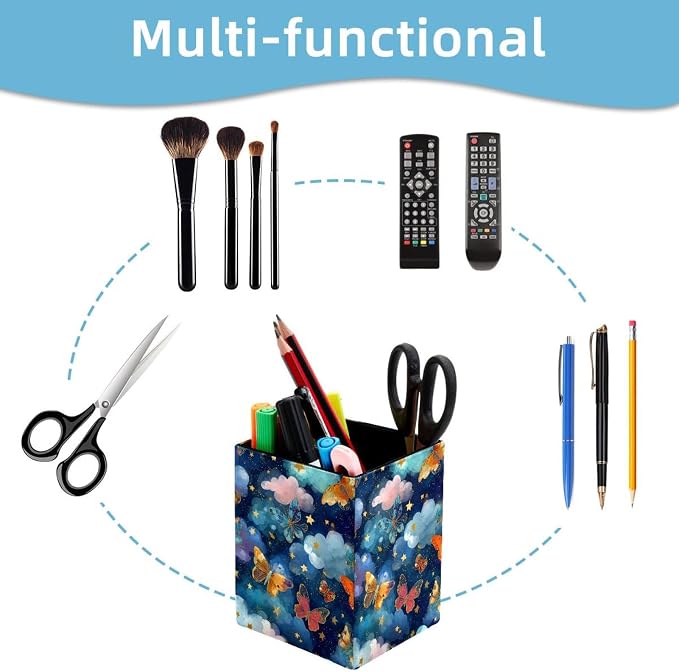Butterfly Pen Holder for Desk Decor, Rectangular PVC Leather Pencil Cup for Desk Pen Organizer, Makeup Brush Holder for School, Home, Office