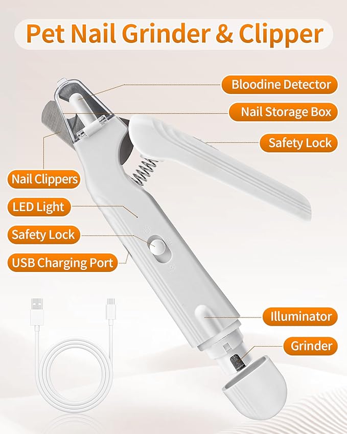 2-in-1 Dog & Cat Nail Clippers Grinder with Light – Quiet Electric Pet Nail Trimmer, USB Rechargeable, Safety Guard & Quick Sensor Prevent Overcutting, Grooming Tool for Small Medium Large Pets