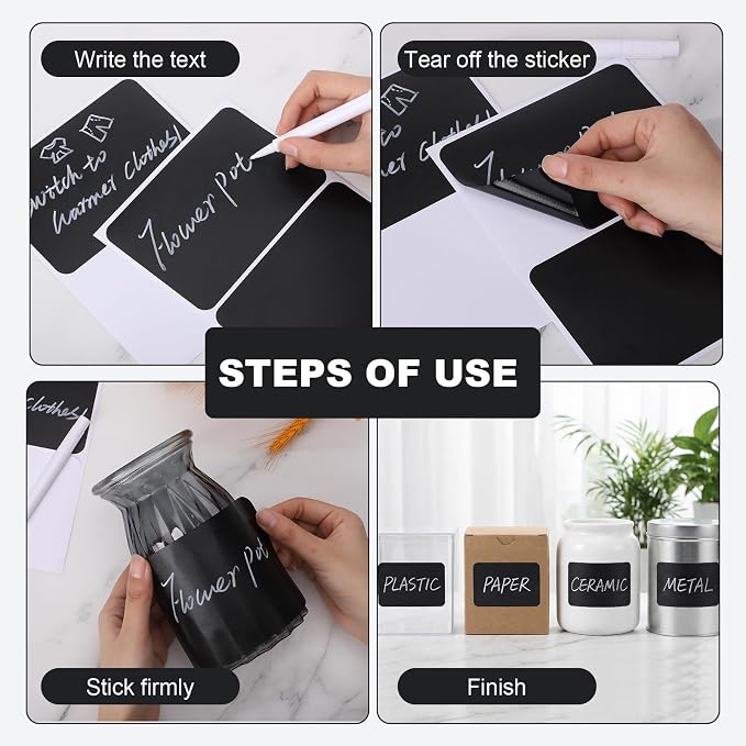 100 Pack Chalkboard Labels for Storage Bins, 6 X 4 in, Black | Removable Adhesive Labels, Tear Resistant, Includes 1 White Liquid Chalk Marker, for Home, School, Office Organization