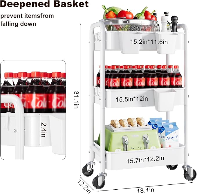3 Tier Rolling Cart Metal with Wheels, White Three Tiered Craft Cart Organizer on Wheels, Storage Utility Carts for Art, Baby Nursery,Diaper Caddy, Cleaning Supplies, Nail,Lash,Snack,Book,Roller Shelf