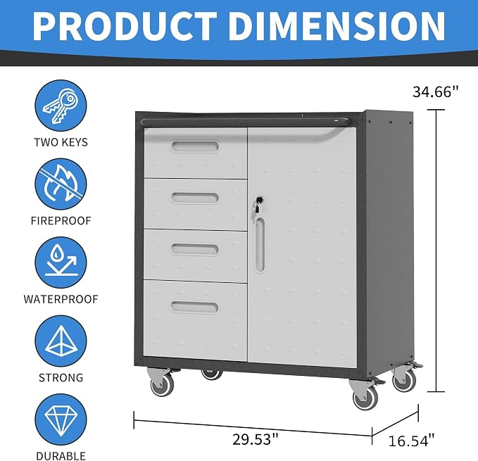 Metal Storage Cabinet for Garage, Tool Cabinet, Utility Cabinet | Wheeled, Rolling Tool Cabinet, 4 Drawers, 1 Door Lockable, Top Countertop, Assembly Required, Black & Grey