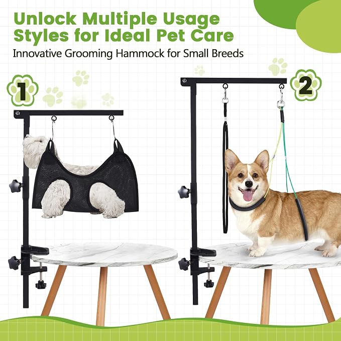 Dog Grooming Table Arm, 35-Inch Adjustable Clamp with Hammock | Adjustable Height, Secure Table Clamp, Hammock & No-Sit Holders, Small & Medium Pets, Grooming Table Not Included