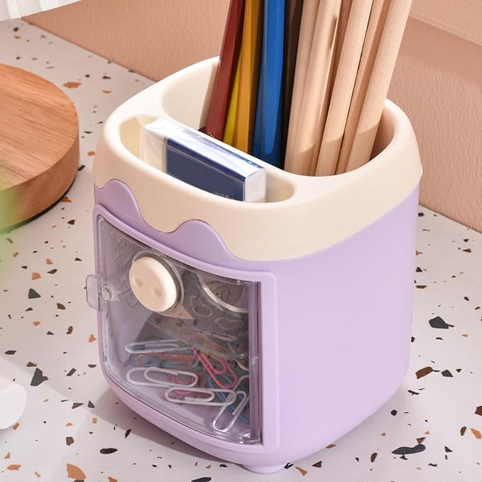 Pen Pencil Holder with Multi Compartments PP PET Cute Cartoon Pig Desktop Stationery Storage Organizer for Bedroom Dorm School Office Nail Makeup Brush Rack