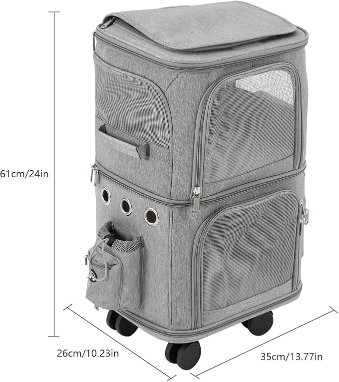 2-Tier Rolling Pet Carrier for Cats & Dogs, Removable Divider, Telescopic Handle, 4 Wheels, Breathable Mesh, Foldable, Large Portable Travel Crate with Side Pockets, 22lbs Capacity