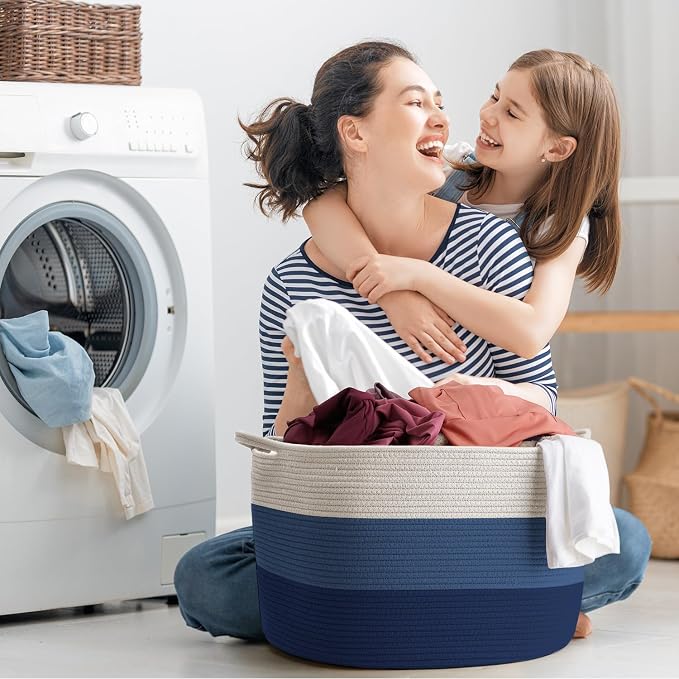 Maliton Woven Rope Blanket Basket Living Room, Storage Basket for Toy, 90L | 22"x14" Cotton Rope Basket. Holds blankets, Toys & Towels & Laundry. For Bedroom, Nursery, Bath & Playroom. Soft & Durable