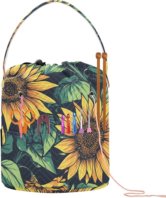 Fustylead Retro Vibrant Yellow Sunflower Large Yarn Storage Tote Basket, Knitting Crochet Drawstring Organizer Bag for Crocheting Project, Yarn Balls, Needles Accessories
