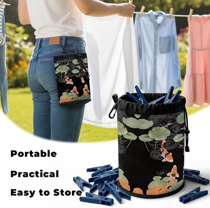 Clothespin Holder with Drawstring, Lotus Leaf Dragonfly Portable Laundry Peg Bag Organizer, Storage Pouch for Clips, Ideal for Drying Rack, Camping Trips, Dorm Room