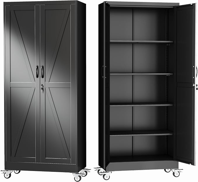 GAIOUS 71" Tall Metal Storage Cabinet with Lock and Wheels, Office Cabinet | Garage Storage Cabinet with 2 Locked Door and 4 Adjustable Shelves, Rolling Tool Cabinet, File Cabinet for Home Office, Black