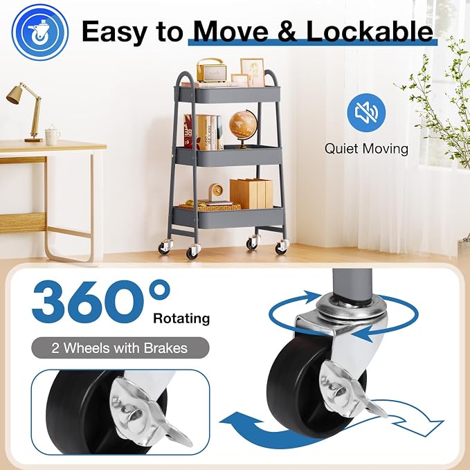 OLIXIS Metal Rolling Storage Utility Cart with Lockable Wheels 3 Tiers | Mobile Organizer Shelf, Space-Saving, Freestanding, Bathroom, Living Room, Slim, Narrow Corner Spaces, Gray