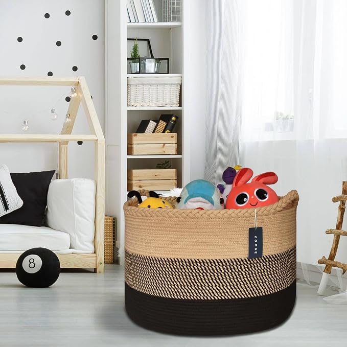COMSE XXXLarge Woven Blanket & Laundry Basket, 87L, Brown & Black | 21.7" x 13.8", Cotton Rope, Nursery Hamper for Storage of Toys Clothes Towels, Ideal for Living Room Bedroom Bathroom
